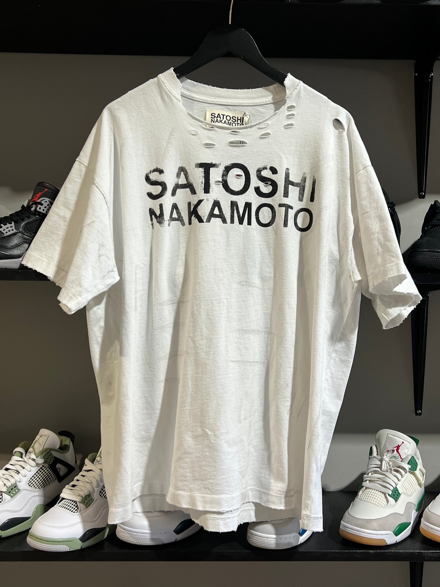 Satoshi Nakamoto White Black Distressed Tee