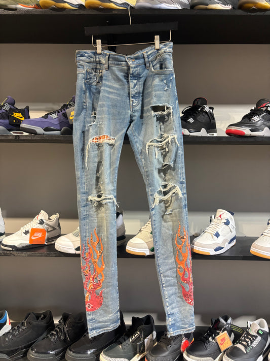 Amiri Light Wash Orange and Red Paisley Jeans Sz 32