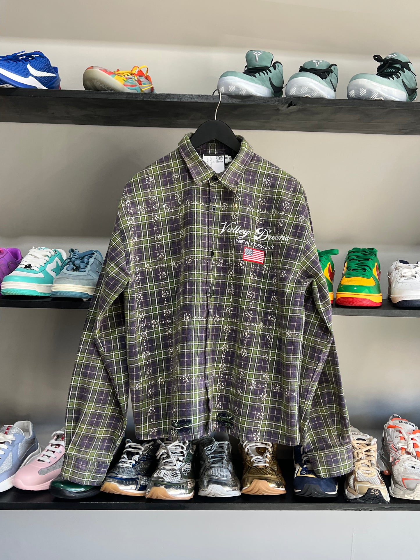 Vale Rhinestone Flannel Shirt Purple Green Sz XL