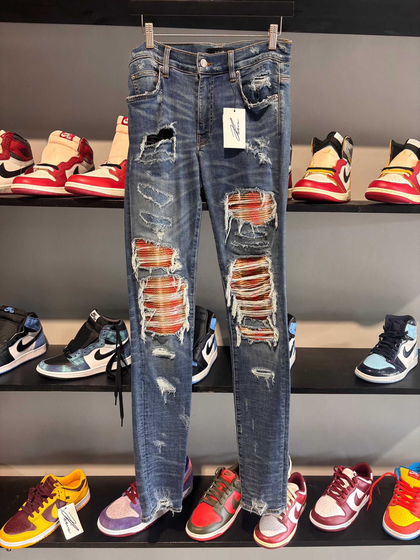 amiri flannel blue jeans light wash red khaki