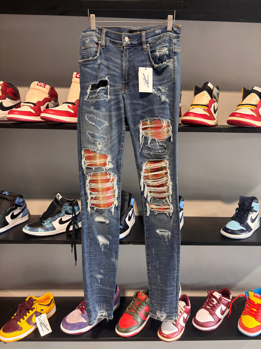 amiri flannel blue jeans light wash red khaki