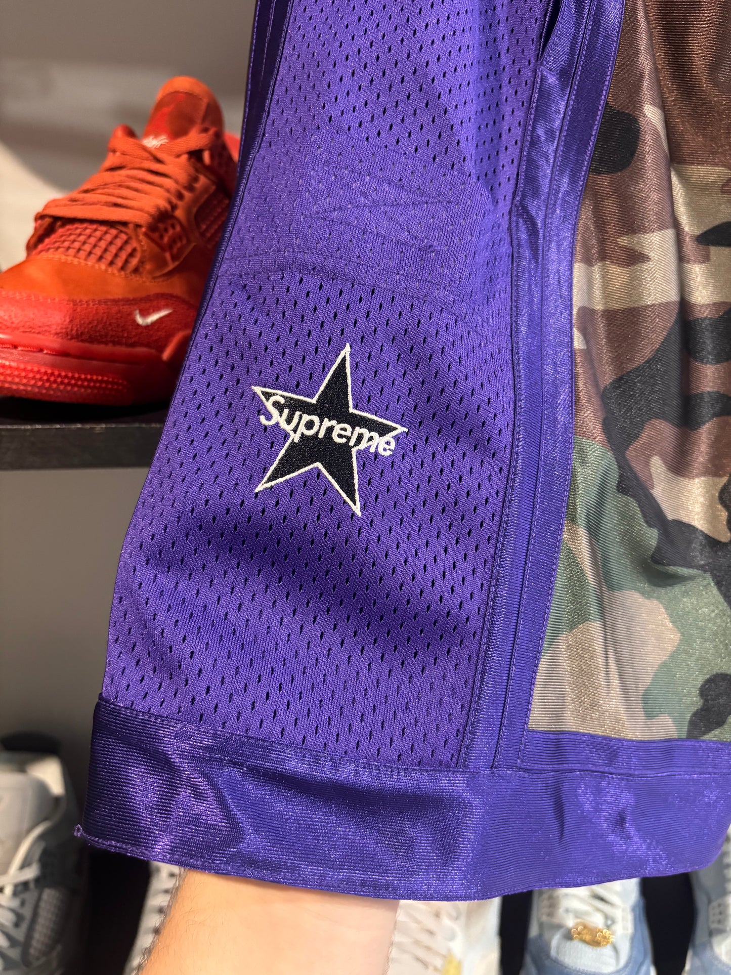 supreme purple and camo basketball shorts