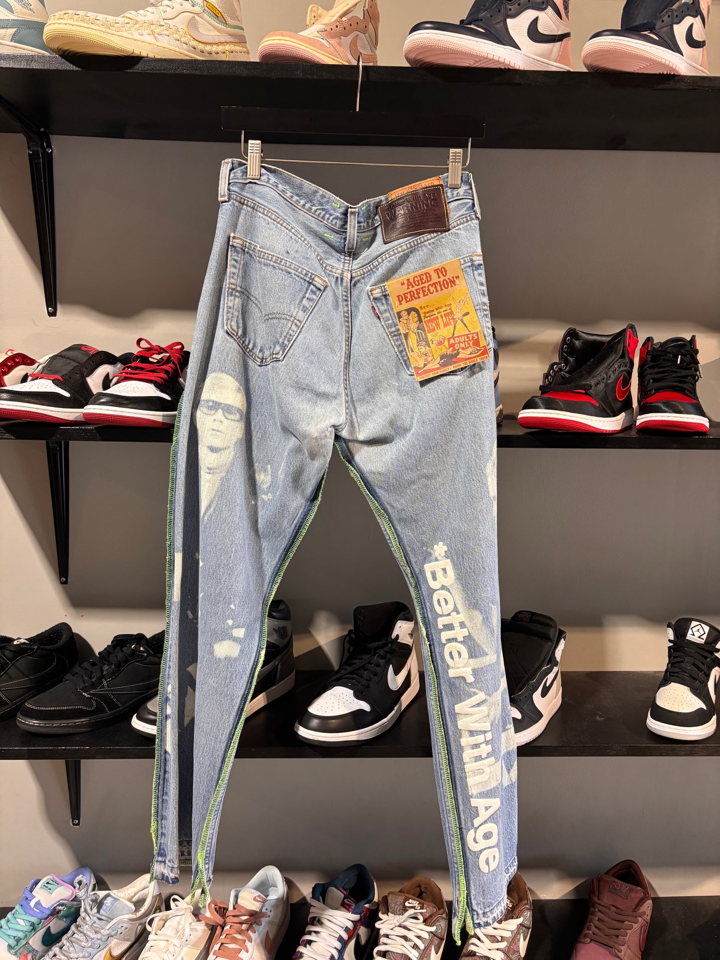 better with age lime green stitching jeans
