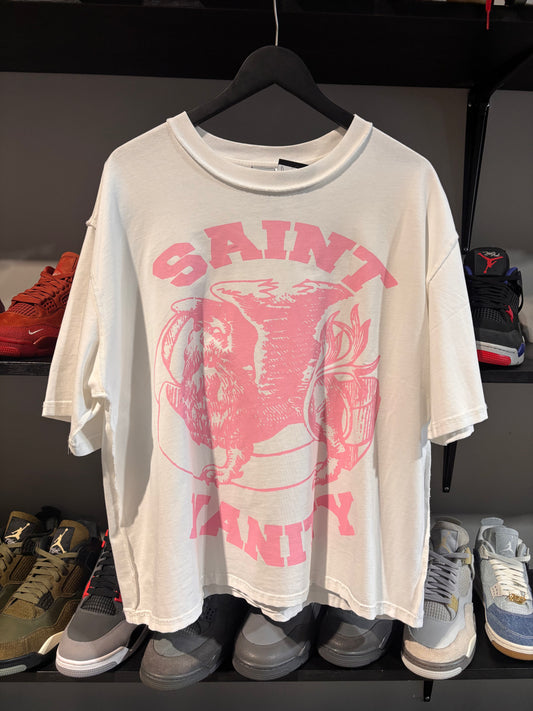 pink and white saint vanity tee