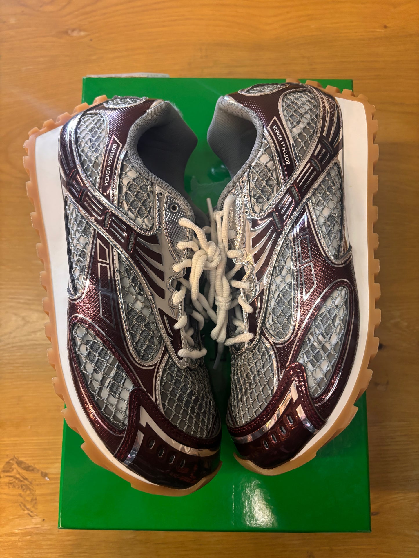 burgundy and silver bottega orbit sneakers used