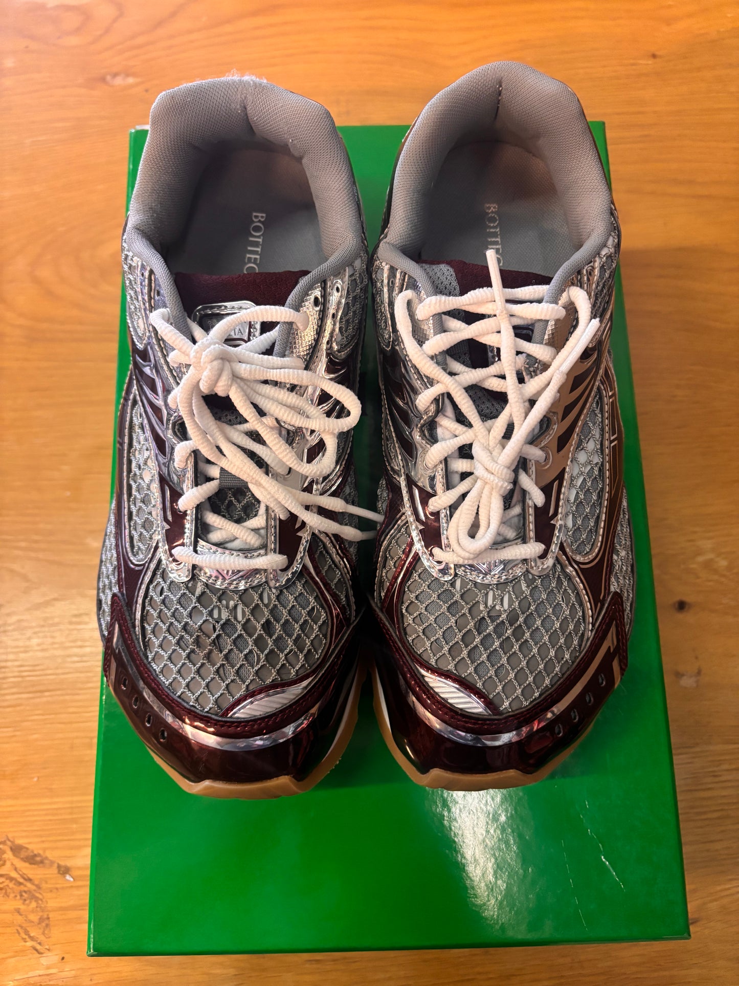 burgundy and silver bottega orbit sneakers used
