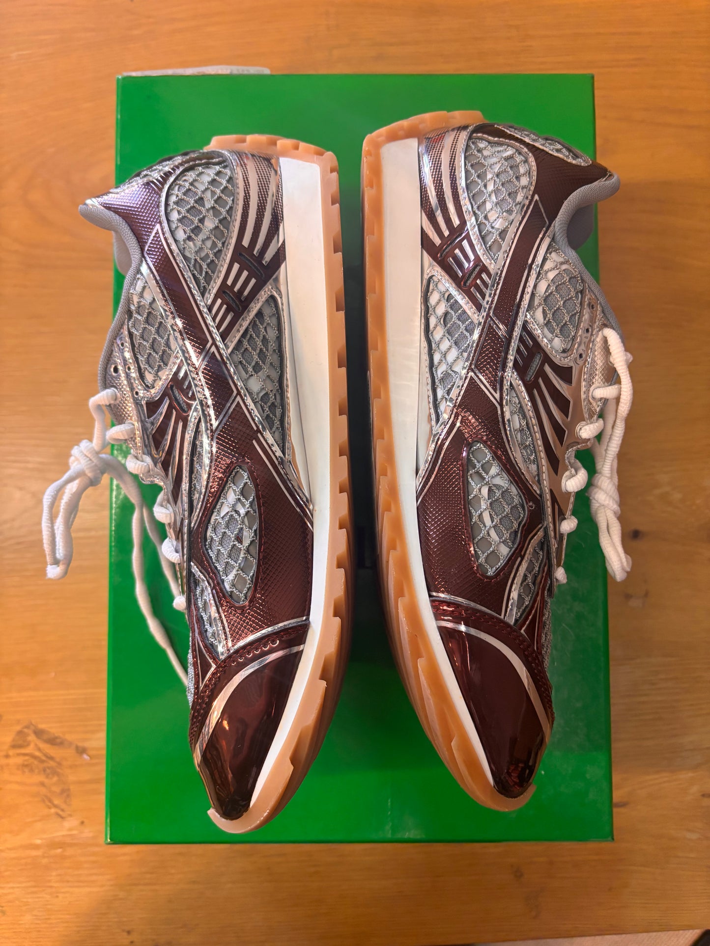 burgundy and silver bottega orbit sneakers used